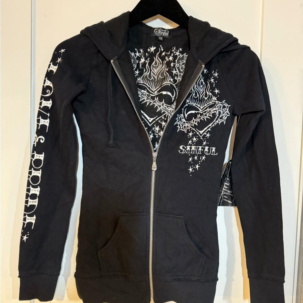Sinful Black Hoodie with White Graphic and rhinestones